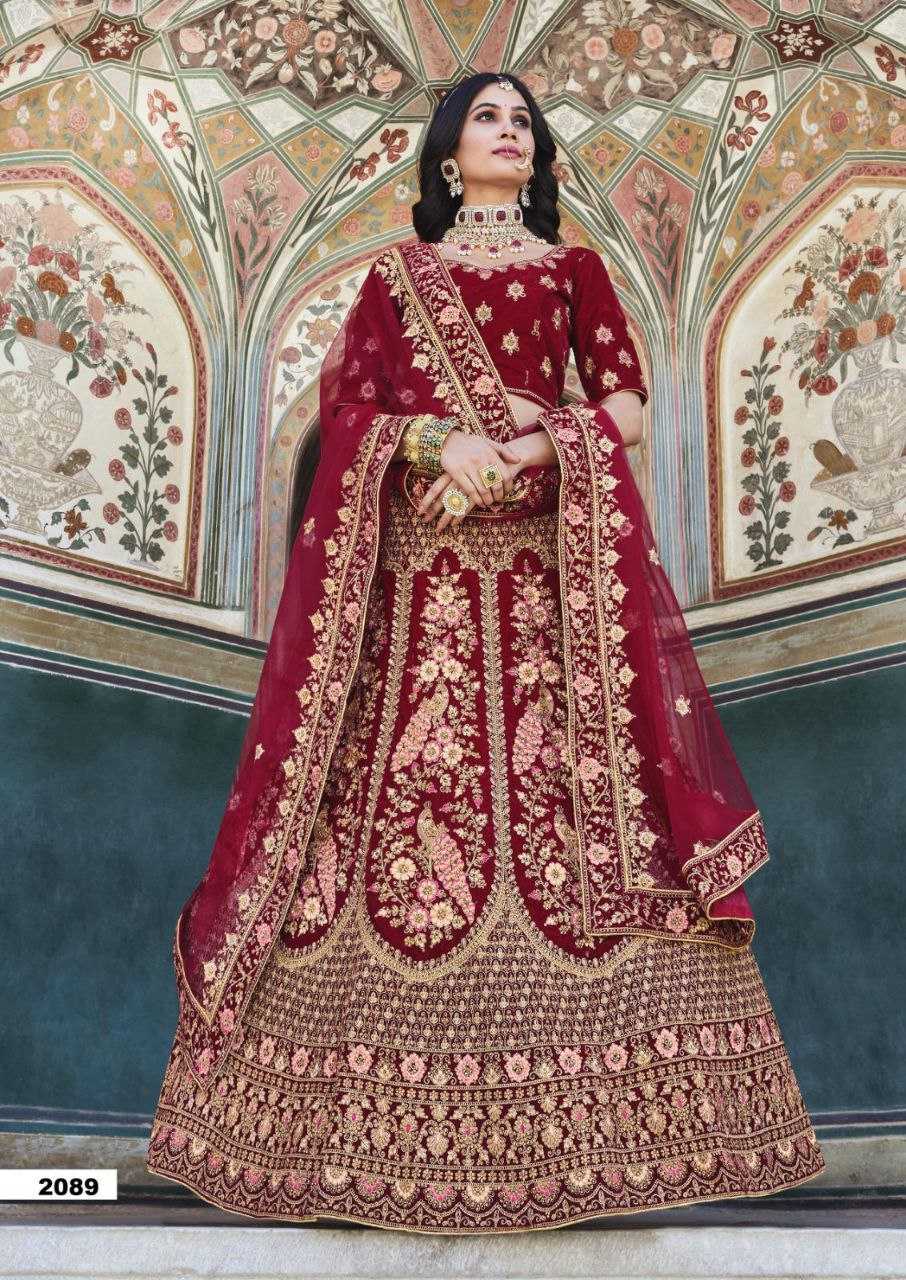 YNF VELVET RIN195 BRIDAL LOOK 2089 LEHENGAS WHOLESALE BRIDAL EMBROIDERED DESIGNER VELVET ZARI WORK LEHENGAS MANUFACTURER - Deevit International