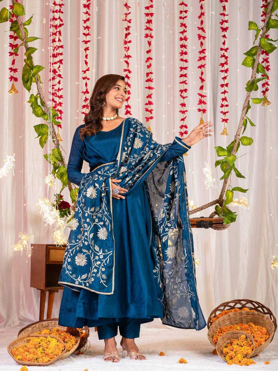 YNF VICHITRA SILK KESH144 1230 GOWNS WHOLESALE ANARKALI SILK FULL SLEEVE BLUE GOWNS MANUFACTURER - Deevit International