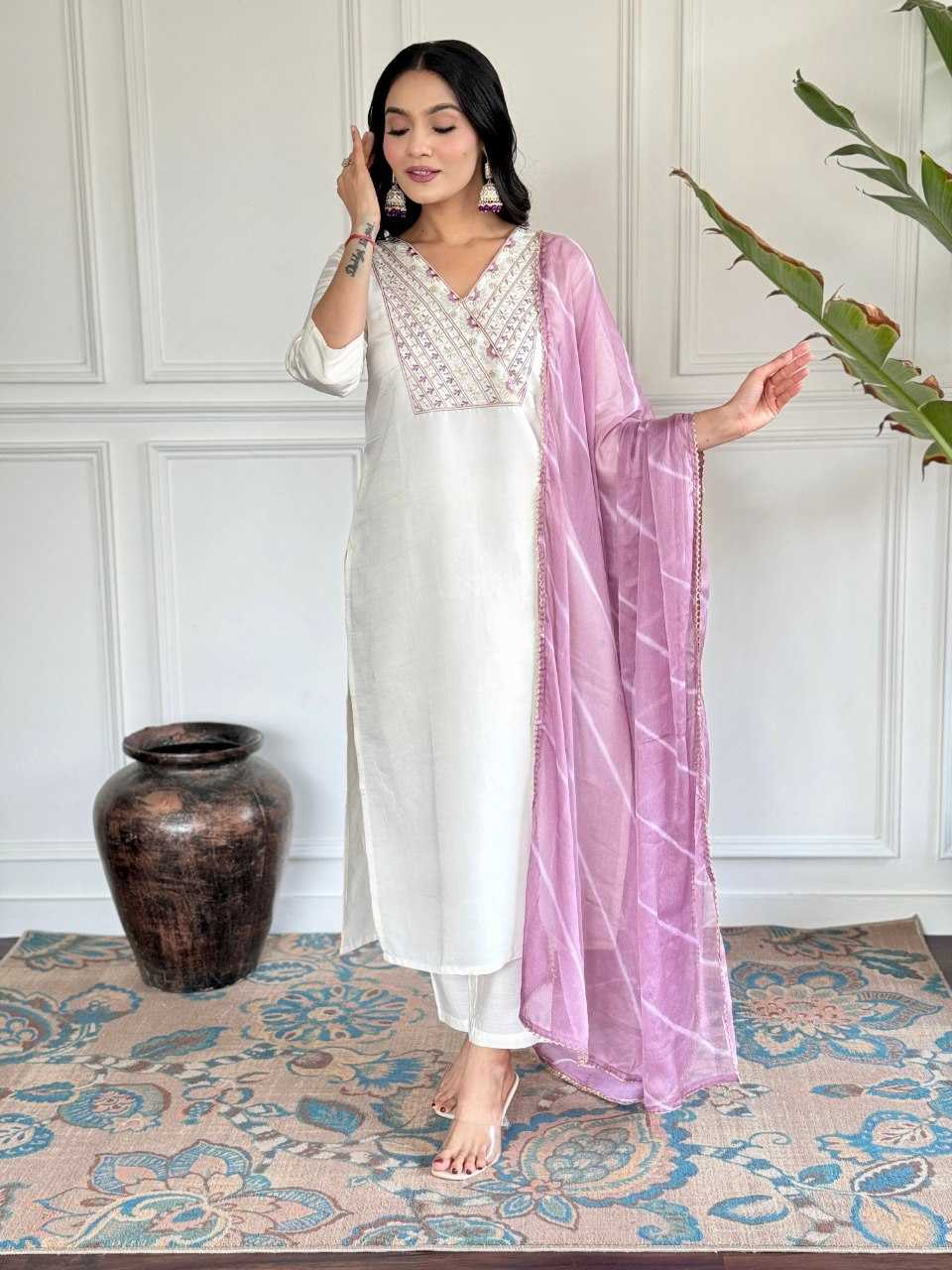 YNF VISCOSE CHANDERI KESH242 VICTORIYA SUITS & DRESSES WHOLESALE EMBROIDERY CHANDERI LONG KURTI WHITE SALWAR SUITS MANUFACTURE - Deevit International