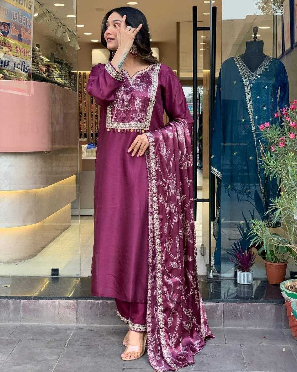 YNF VISCOSE CHANDERI RIN174 JINIVA SUITS & DRESSES WEDDING CHANDERI LONG KURTI SUITS MANUFACTUR - Deevit International