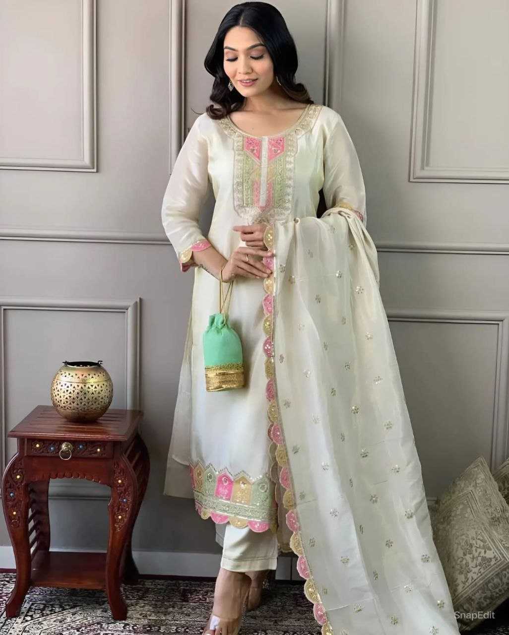 YNF VISCOSE CHANDERI RIN201 RRD41 SUITS & DRESSES WHOLESALE EMBROIDERY WEDDING CHNADERI WHITE SUITS MANUFACTURE - Deevit International