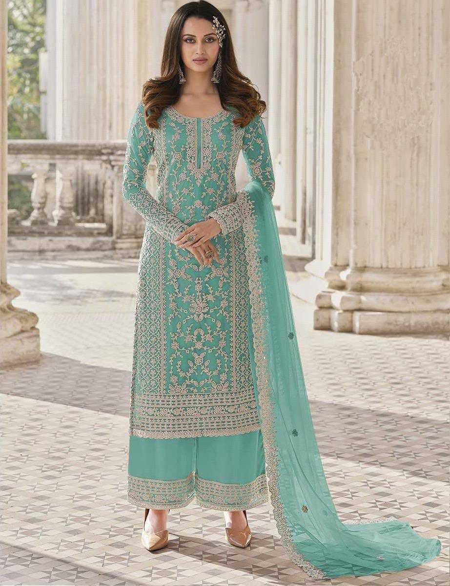 YNF NET RPDF 1124 SUITS & DRESSES WHOLESALE EMBROIDERY PALAZZO NET SUITS MANUFACTURER