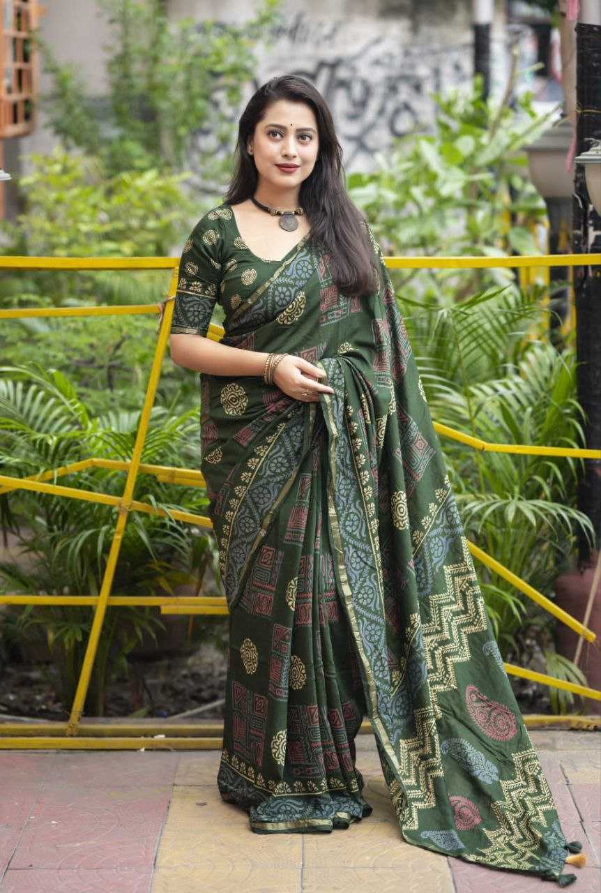 YNF CHANDERI COTTON KESH118 156 SAREES WHOLESALE COTTON LINEN CHANDERI ZARI BORDER HAND PRINTED SAREES MANUFACTURER