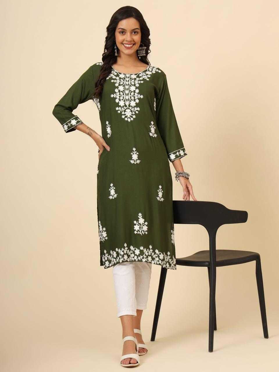 YNF RAYON RIN188 MUDRA2 KURTIS WHOLESALE LONG RAYON LUCKOWI CHIKAN KURTIS MANUFACTURER