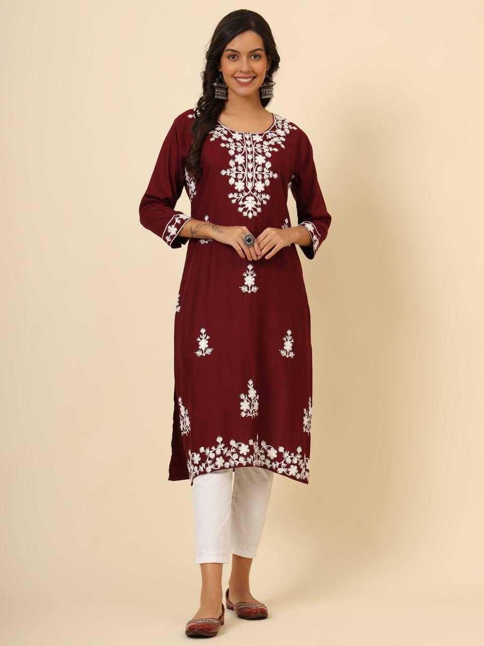 YNF RAYON RIN188 MUDRA2 KURTIS WHOLESALE LONG RAYON LUCKOWI CHIKAN KURTIS MANUFACTURER