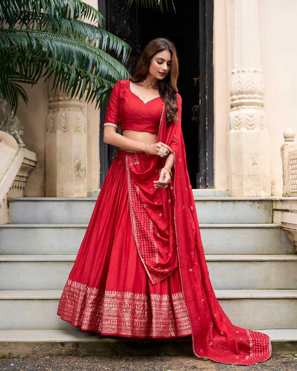 YNF CHANDERI SILK KESH134 PRIYADARSHI LEHENGAS WHOLESALE ZARI WORK WEDDING REDLEHENGAS MANUFACTURER - Deevit International