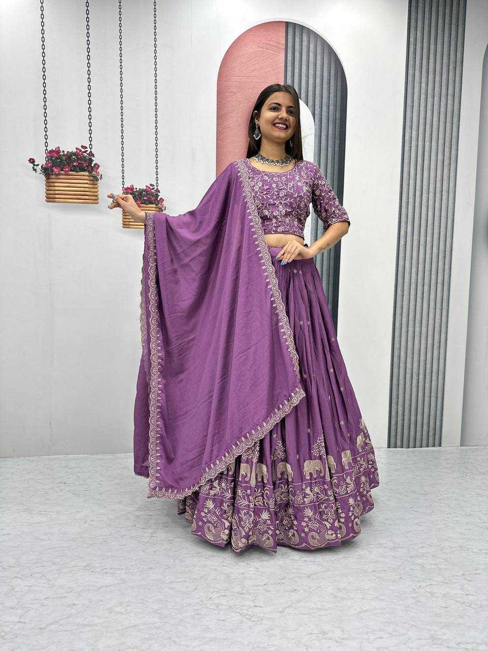 YNF CHINON KESH130 075 LEHENGAS WHOLESALE SILK WEDDING EMBROIDERED PURPLE LEHENGA WITH DUPTTA WEDDING LEHENGAS MANUFACTURER - Deevit International