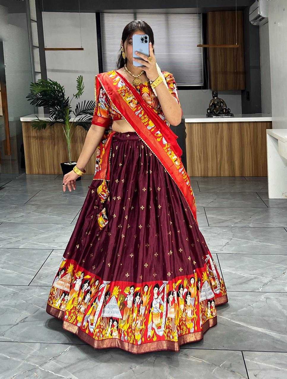 YNF DOLA SILK RIN119 7108 LEHENGAS WHOLESALE SILK PRINTED KALAMKARI LEHENGAS MANUFACTURER