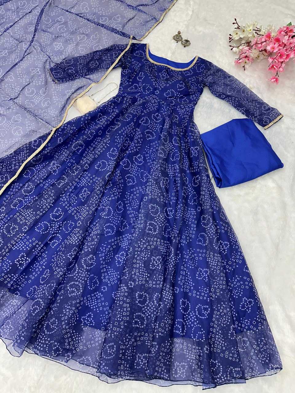 YNF ORGANZA SILK KESH154 155 GOWNS WHOLESALE SILK LONG ANARAKLI BLUE PRINTED GOWNS MANUFACTURER - Deevit International