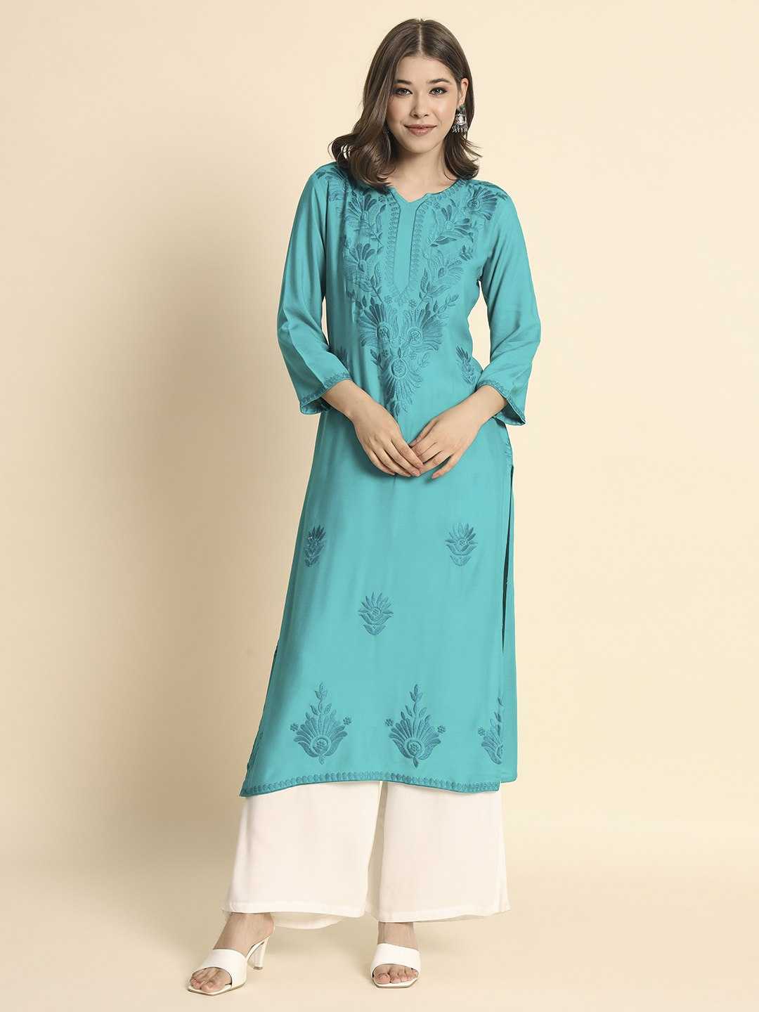 YNF RAYON RIN188 Adipurush KURTIS WHOLESALE LONG RAYON CHIKANKARI KURTIS MANUFACTURER - Deevit International