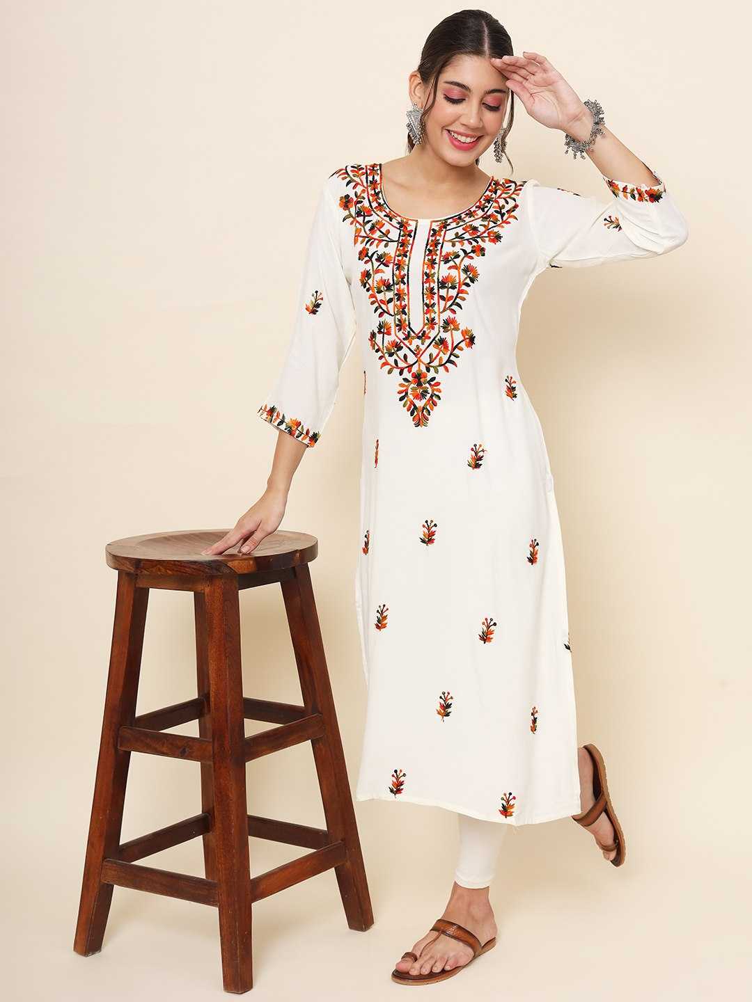 YNF RAYON RIN188 Palak KURTIS WHOLESALE LONG RAYON ROUND NECK CHIKANKARI KURTIS MANUFACTURER - Deevit International