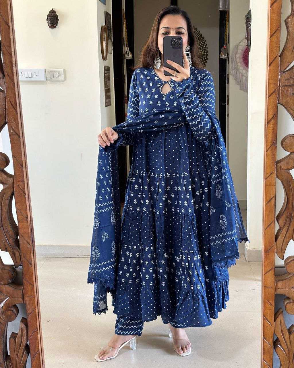 YNF BLUE KESH120 HAND KHATLI Work SUITS & DRESSES WHOLESALE PRINTED COTTON ANARKALI BLUE SUITS MANUFACTURE - Deevit International