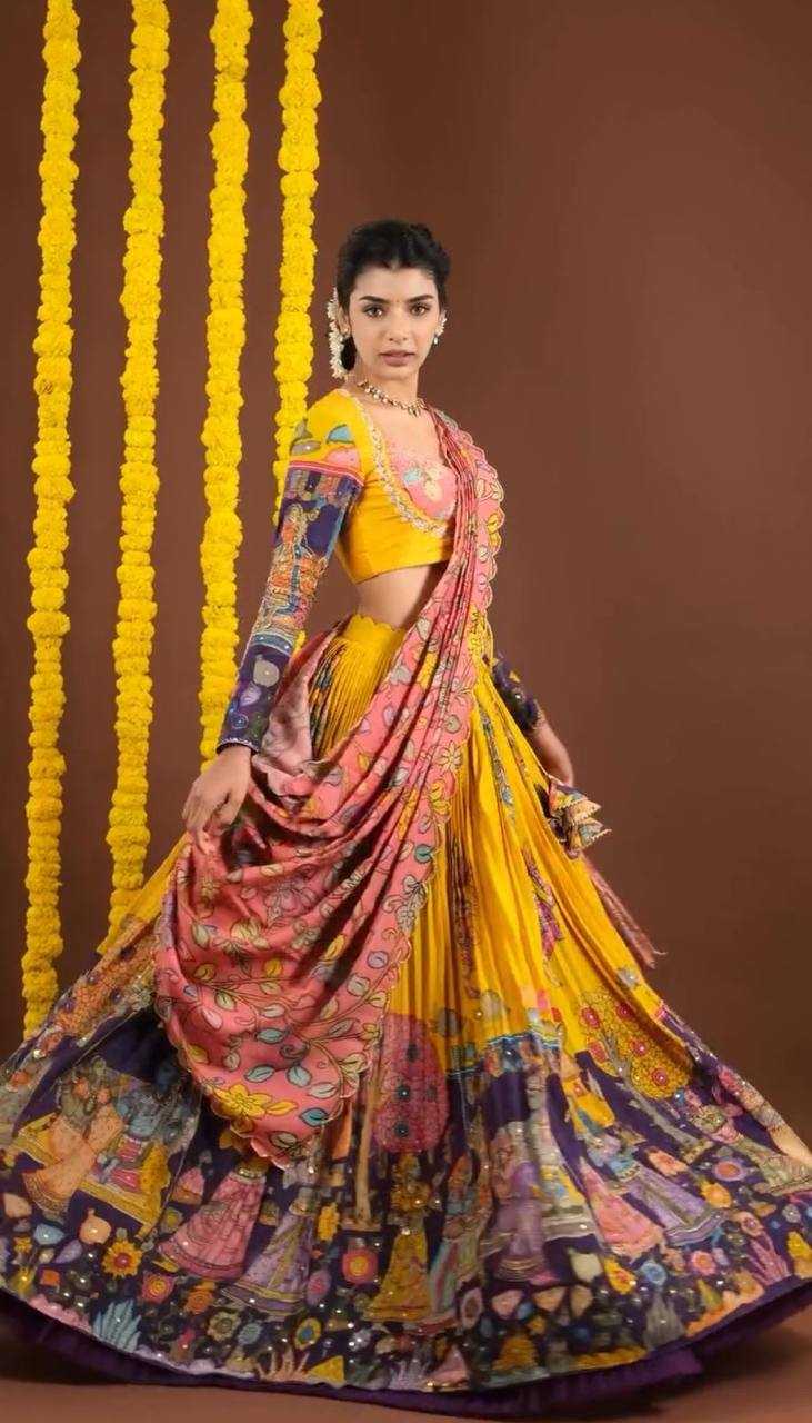 YNF CHENT CREPE KESH119 462 LEHENGAS WHOLESALE KALAMAKRI TRADITIONAL PRINTED LEHENGAS MANUFACTURER - Deevit International