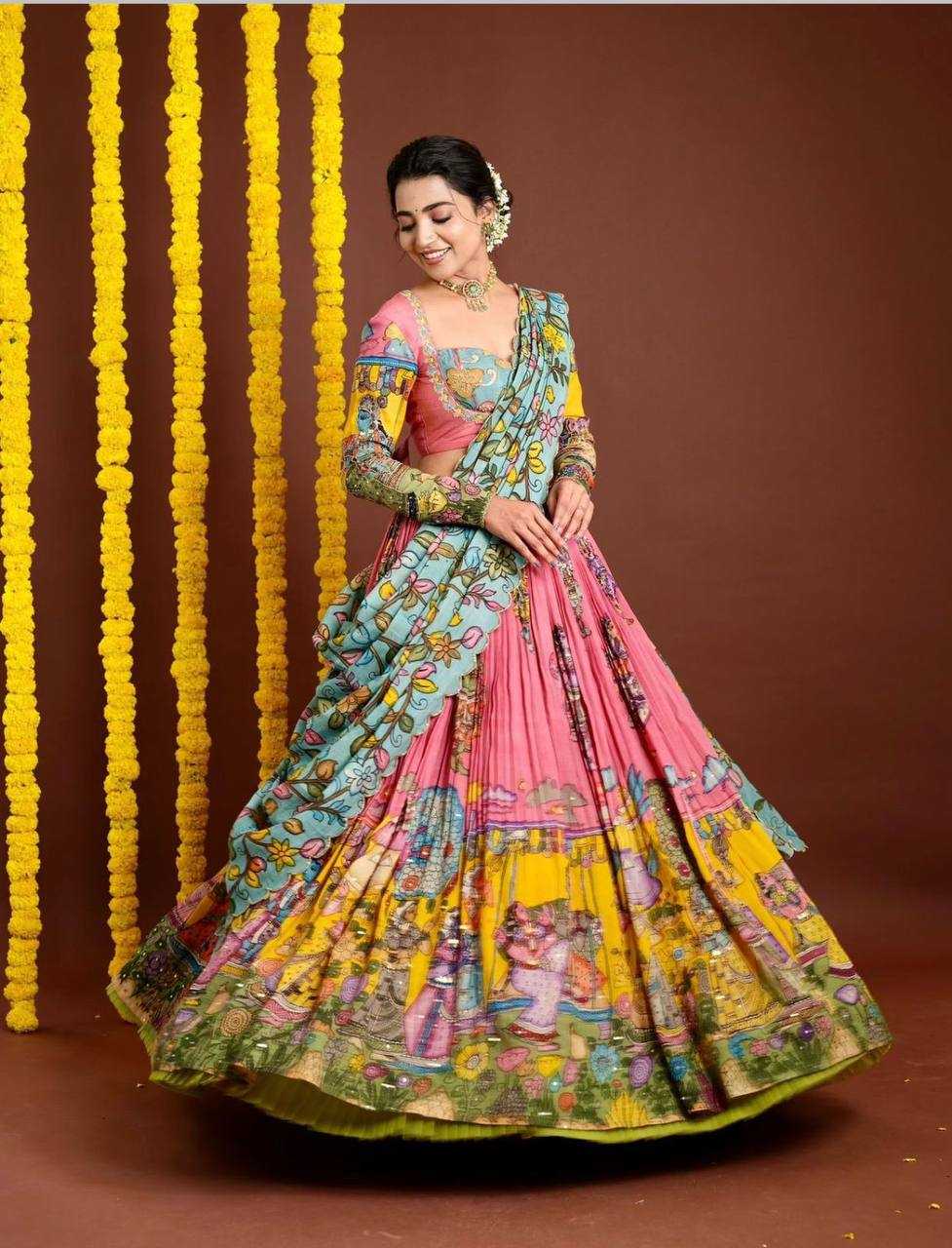 YNF CHENT CREPE KESH119 462 LEHENGAS WHOLESALE KALAMAKRI TRADITIONAL PRINTED LEHENGAS MANUFACTURER - Deevit International