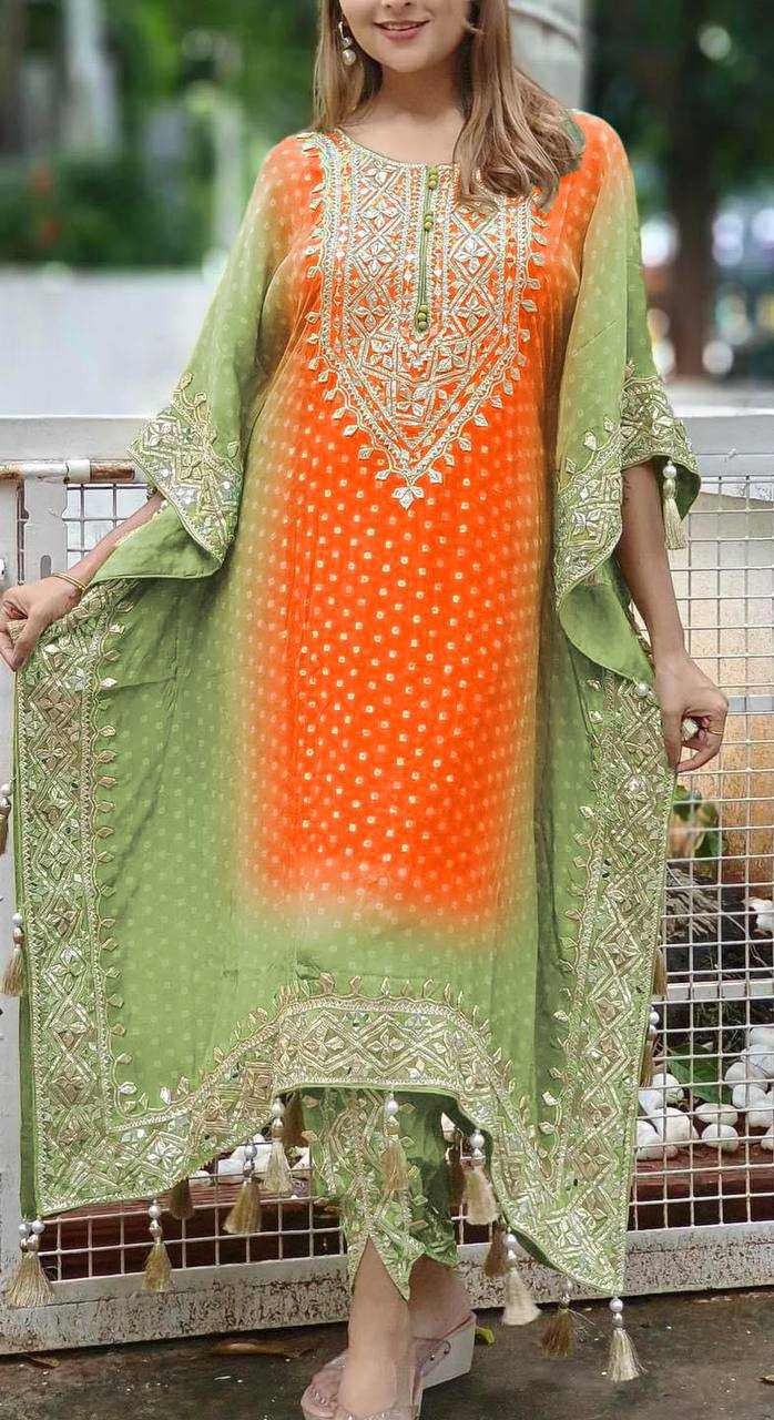 YNF CHINON SILK KESH157 1669 SUITS & DRESSES WHOLESALE EMBROPIDERY PEINTED SILK KAFTAN DRESS DHOTI SALWAR SUITS MANUFACTURE - Deevit International