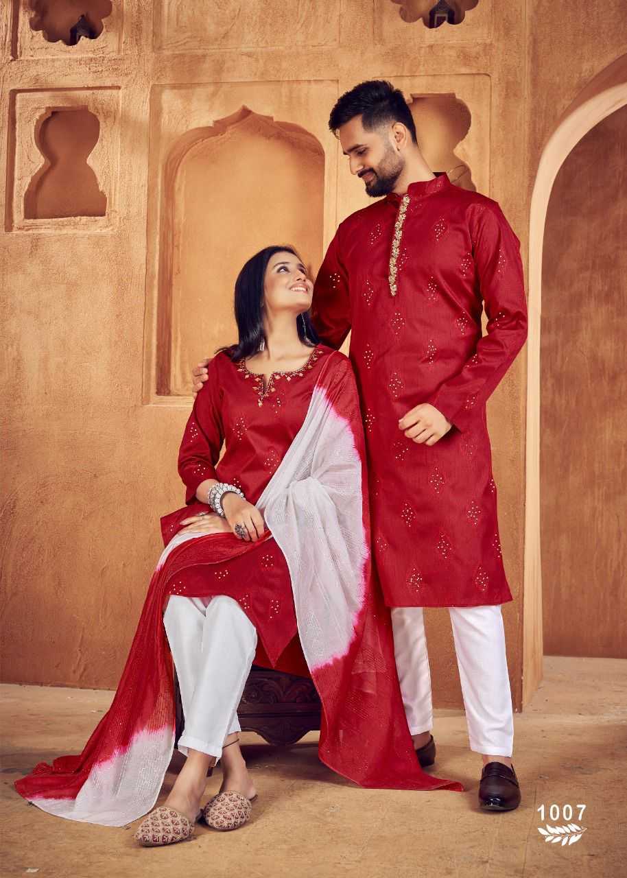 YNF COTTON RIN131 11 COUPLE WEAR WHOLESALE MENS KURTA PAYJAM & FEMALE KURTIS BOTTOM MANUFACTURER - Deevit International