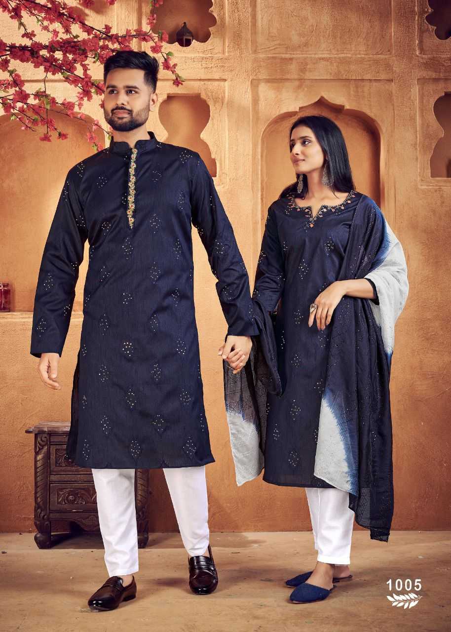 YNF COTTON RIN131 11 COUPLE WEAR WHOLESALE MENS KURTA PAYJAM & FEMALE KURTIS BOTTOM MANUFACTURER - Deevit International