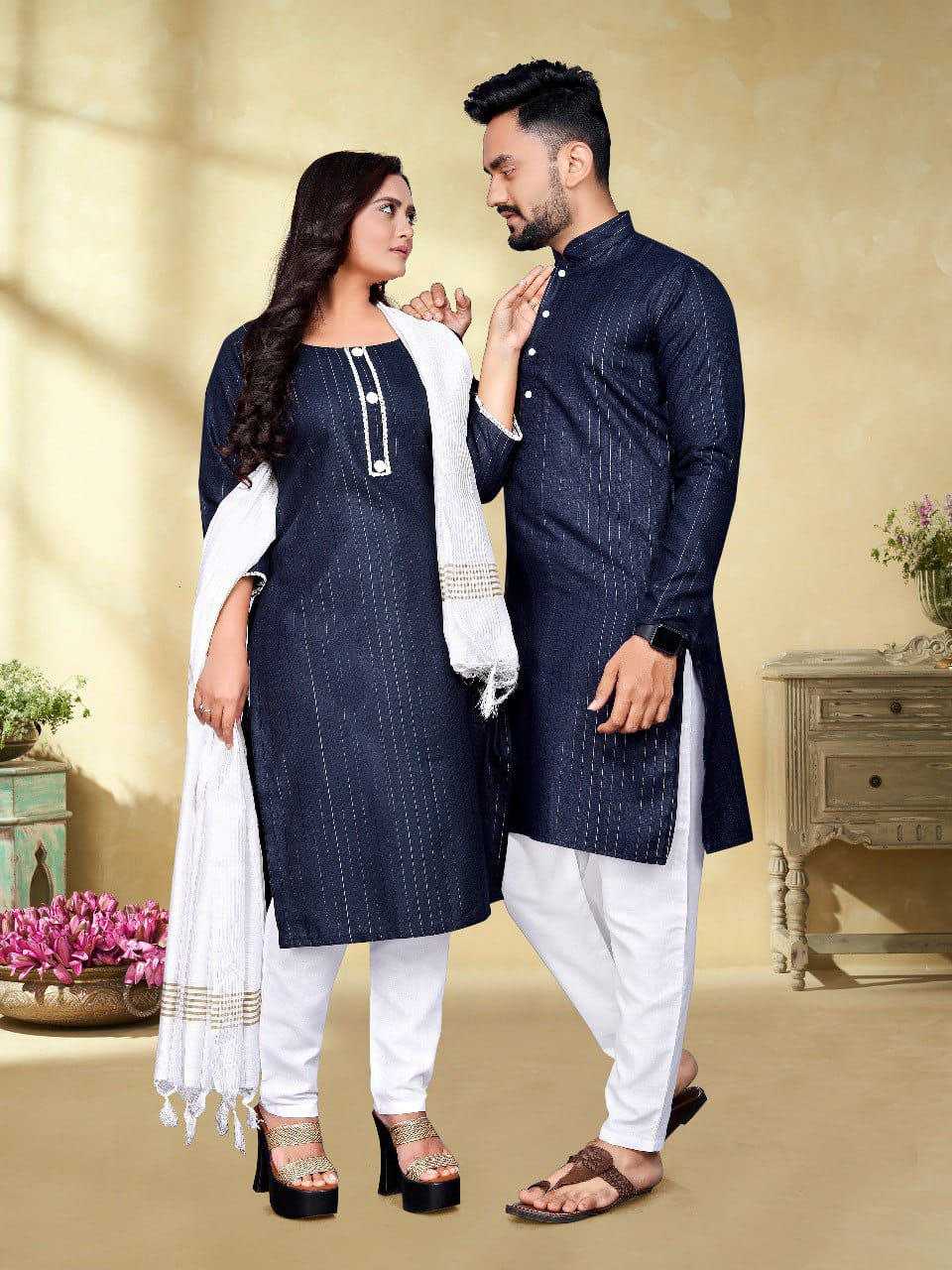 YNF COTTON RIN173 SNX01 COUPLE WEAR WHOLESALE MENS KURTA PAYJAM & FEMALE KURTIS BOTTOM MANUFACTURER - Deevit International