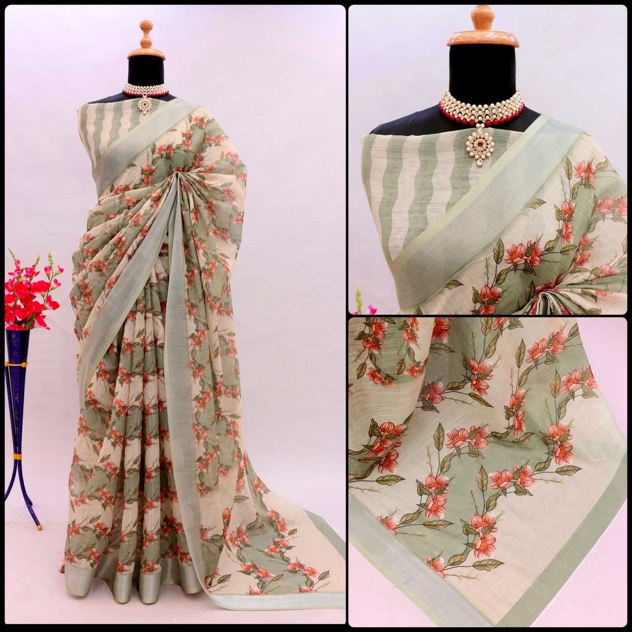 YNF LINEN KESH255 ETF03 SAREES WHOLESALE TRADITIONA PRINTED ZARI BORDER LINEN SAREES MANUFACTURER - Deevit International