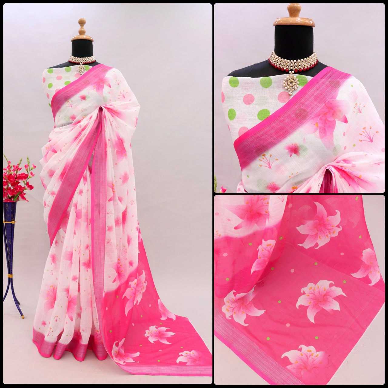 YNF LINEN KESH255 ETF03 SAREES WHOLESALE TRADITIONA PRINTED ZARI BORDER LINEN SAREES MANUFACTURER - Deevit International