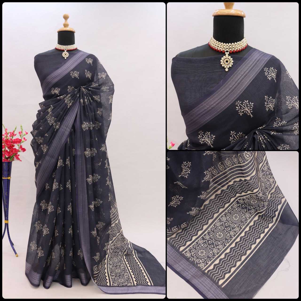 YNF LINEN KESH255 ETF03 SAREES WHOLESALE TRADITIONA PRINTED ZARI BORDER LINEN SAREES MANUFACTURER - Deevit International