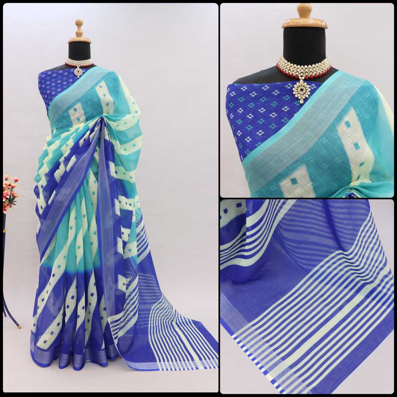 YNF LINEN KESH255 ETF03 SAREES WHOLESALE TRADITIONA PRINTED ZARI BORDER LINEN SAREES MANUFACTURER - Deevit International