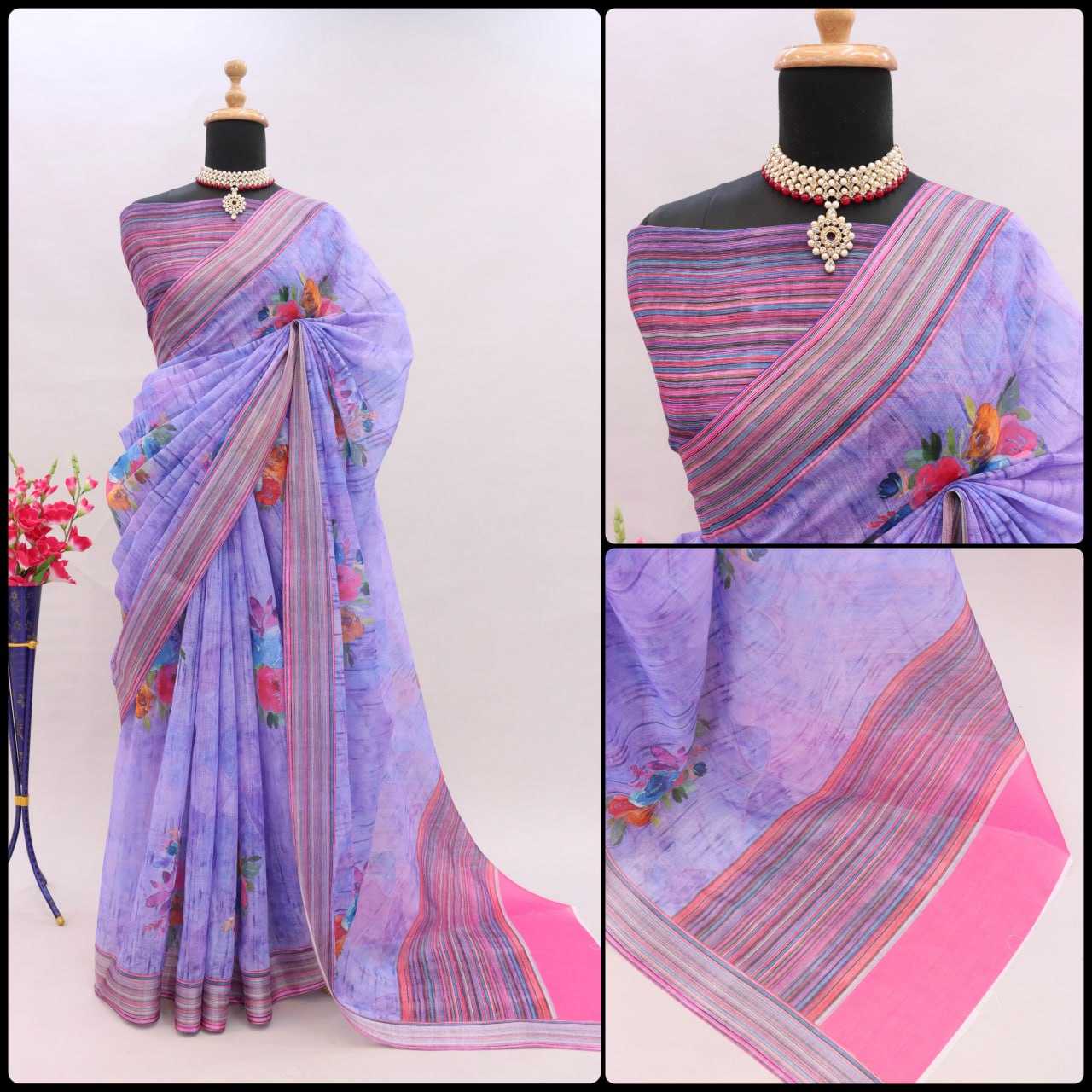 YNF LINEN KESH255 ETF03 SAREES WHOLESALE TRADITIONA PRINTED ZARI BORDER LINEN SAREES MANUFACTURER - Deevit International