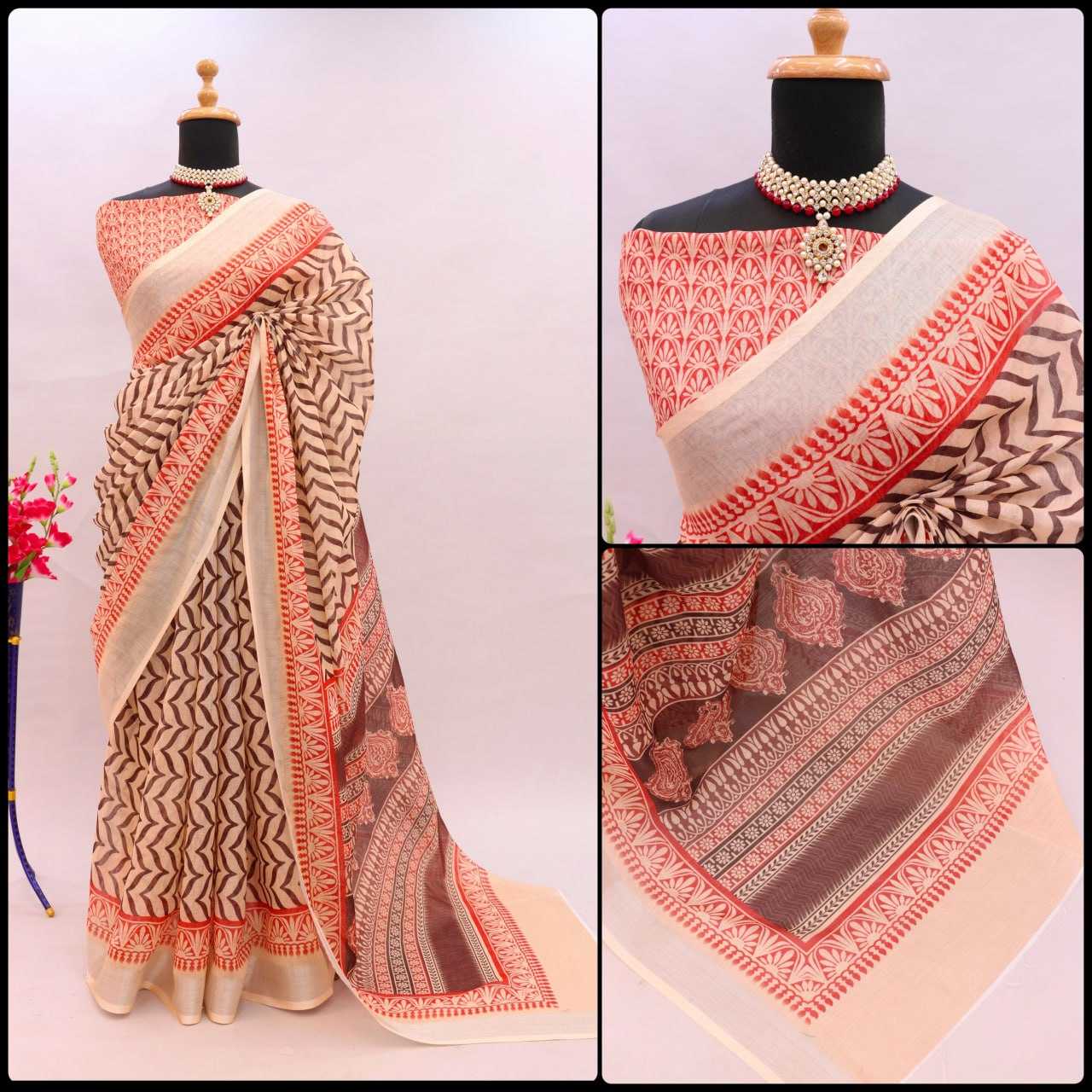 YNF LINEN KESH255 ETF03 SAREES WHOLESALE TRADITIONA PRINTED ZARI BORDER LINEN SAREES MANUFACTURER - Deevit International