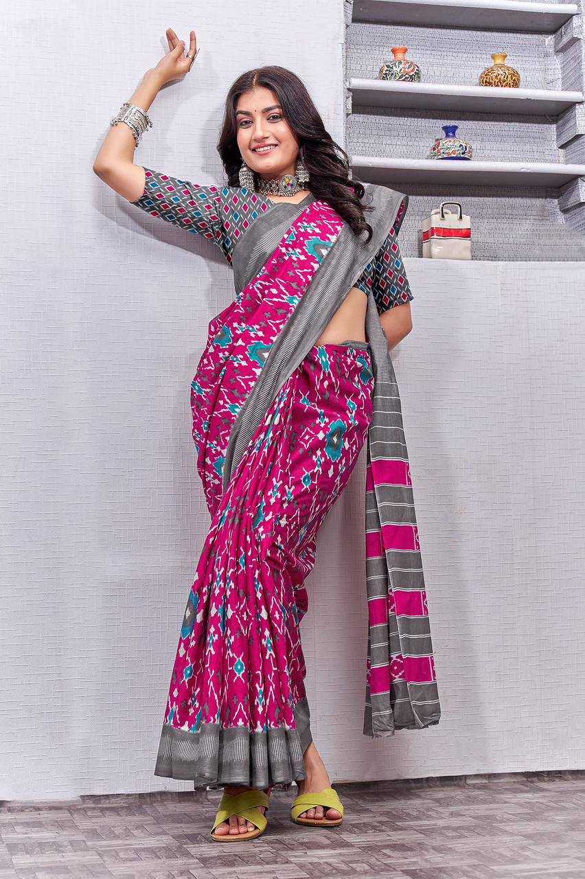 YNF PURE COTTON KESH244  IKKAT FUNDA SAREES WHOLESALE BLOCK PRINTED COTTON LADIES OFFICE WEAR SAREES MANUFACTURER - Deevit International