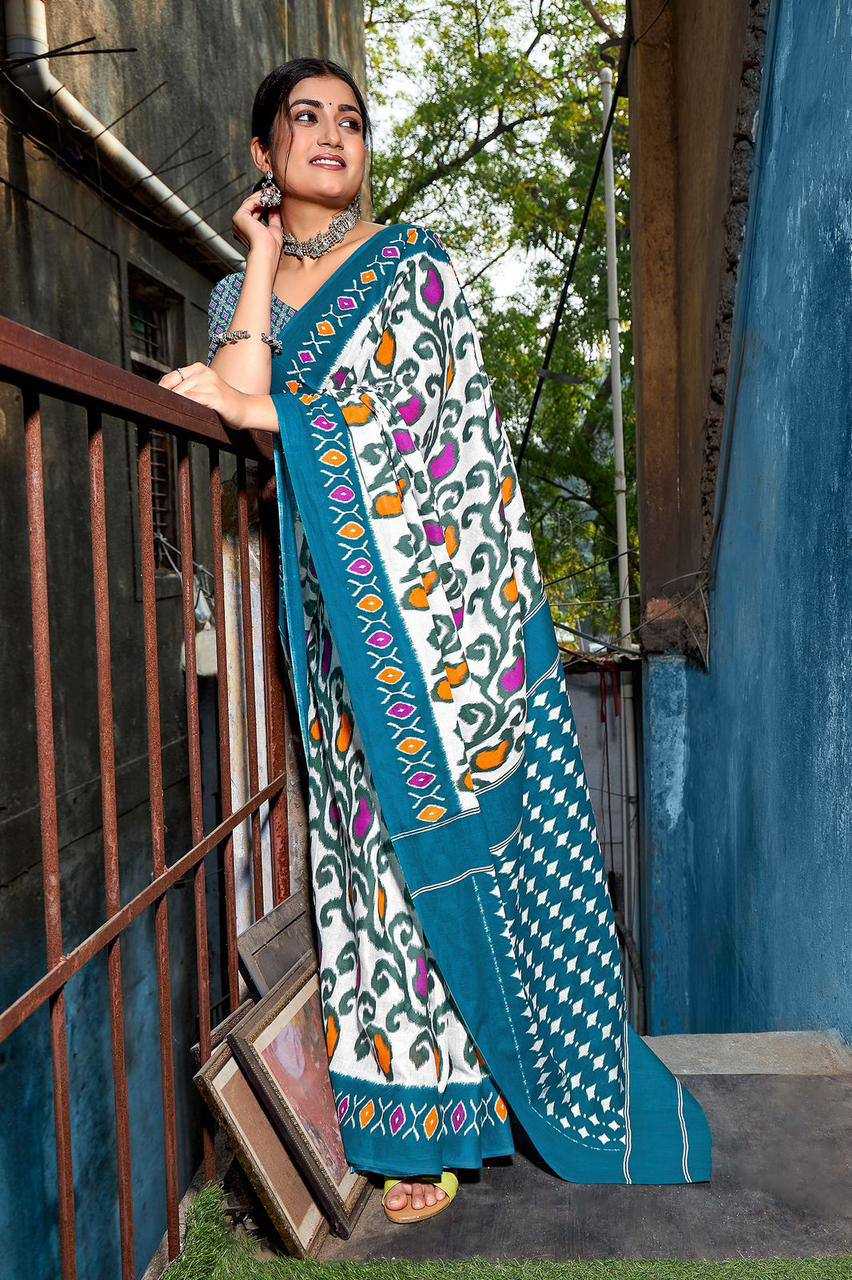 YNF PURE COTTON KESH244  IKKAT FUNDA SAREES WHOLESALE BLOCK PRINTED COTTON LADIES OFFICE WEAR SAREES MANUFACTURER - Deevit International