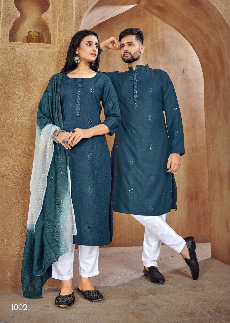 YNF PURE COTTON KESH246 Couple Goal V-2 COUPLE WEAR WHOLESALE MENS KURTA PAYJAM & FEMALE KURTIS BOTTOM MANUFACTURER - Deevit International