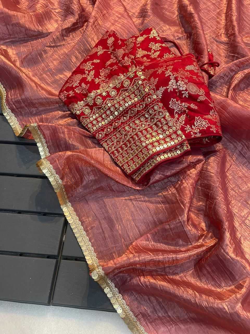 YNF TISSUE SILK KESH195 KRF31 SAREES WHOLESALE LACE BORDER PARTY WEAR PLAIN TISSUE SILK SAREES MANUFACTURER - Deevit International