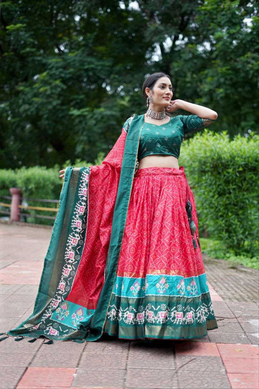 YNF TUSSAR SILK KESH187 Ekta bandhni LEHENGAS WHOLESALE TRADITIONAL SILK PRINTED RED LEHENGA WITH DUPTTA WEDDING LEHENGAS MANUFACTURER - Deevit International