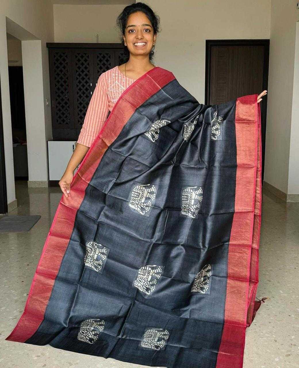 YNF TUSSAR SILK RIN149 MKD149 SILK SAREES WHOLESALE TUSSAR SILK ZARI BORDER SILK PRINTED SILK HANDLOOM SAREES MANUFACTURER - Deevit International