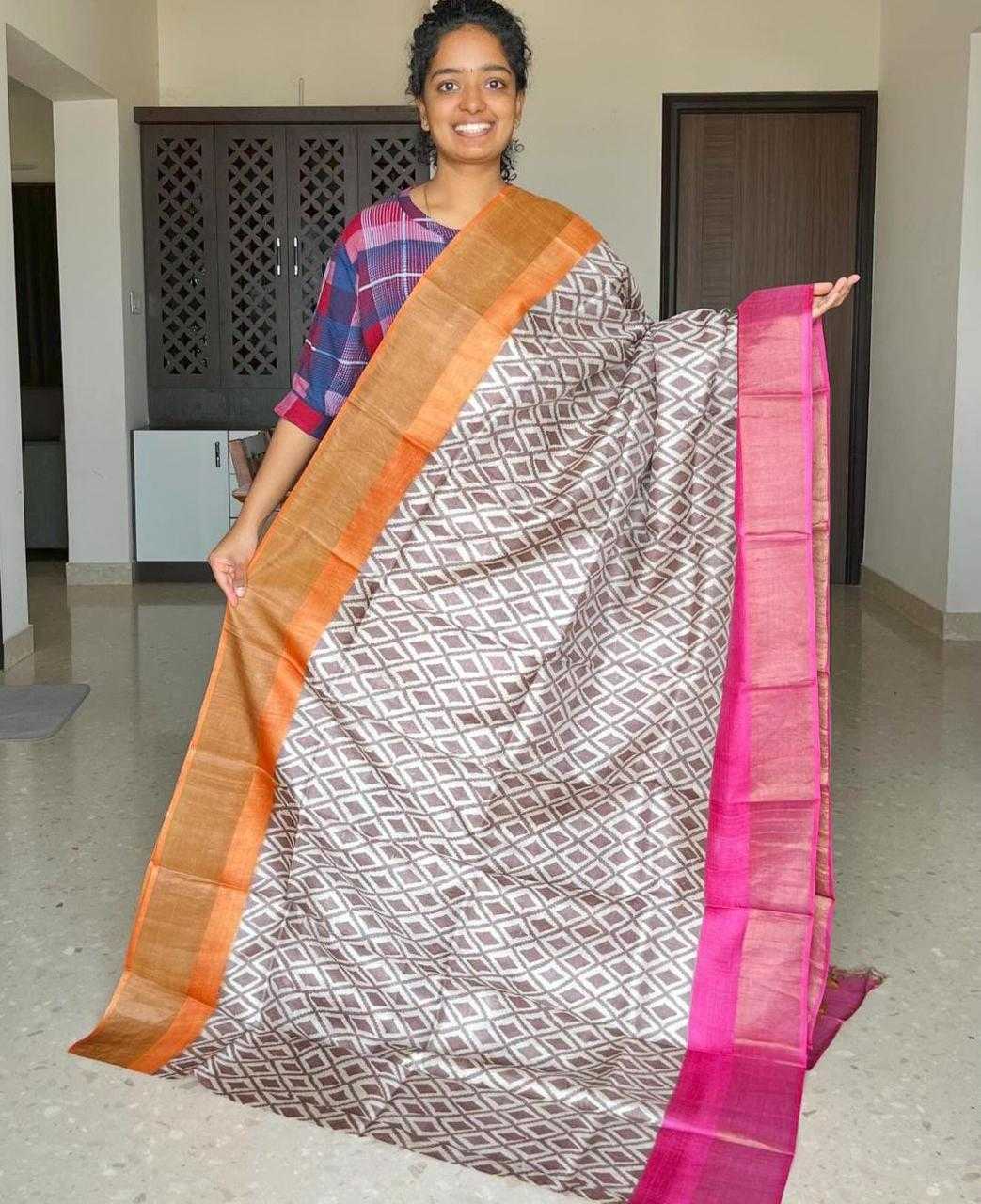 YNF TUSSAR SILK RIN149 MKD149 SILK SAREES WHOLESALE TUSSAR SILK ZARI BORDER SILK PRINTED SILK HANDLOOM SAREES MANUFACTURER - Deevit International