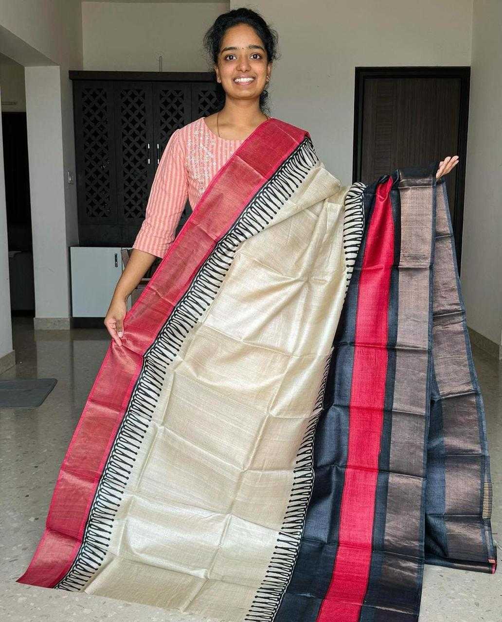 YNF TUSSAR SILK RIN149 MKD171 SILK SAEES WHOLESALE TUSSAR SILK HANDLOOM ZARI BORDER SILK SAREES MANUFACTURER - Deevit International