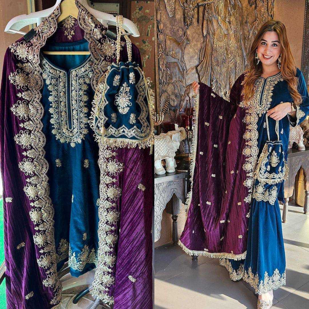 YNF VELVET KESH123 5212 SUITS & DRESSES WHOLESALE EMBROIDEREY WEDDING SHARARA SALWAR VELVET SUITS MANUFACTURE - Deevit International