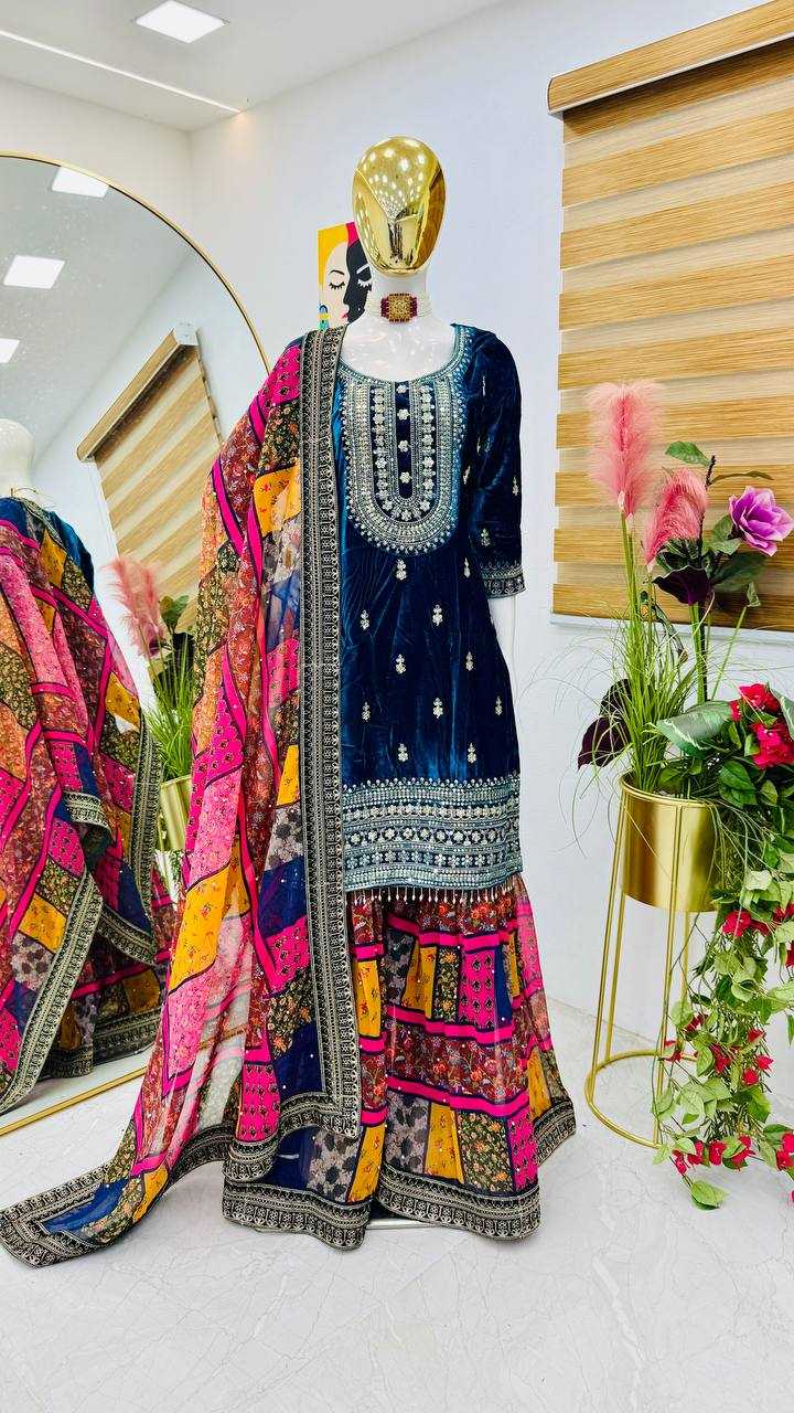 YNF VELVET KESH158 9002 SUITS & DRESSES WHOLESALE EMBROIDEREY WEDDING SHARARA SALWAR VELVET SUITS MANUFACTURE - Deevit International