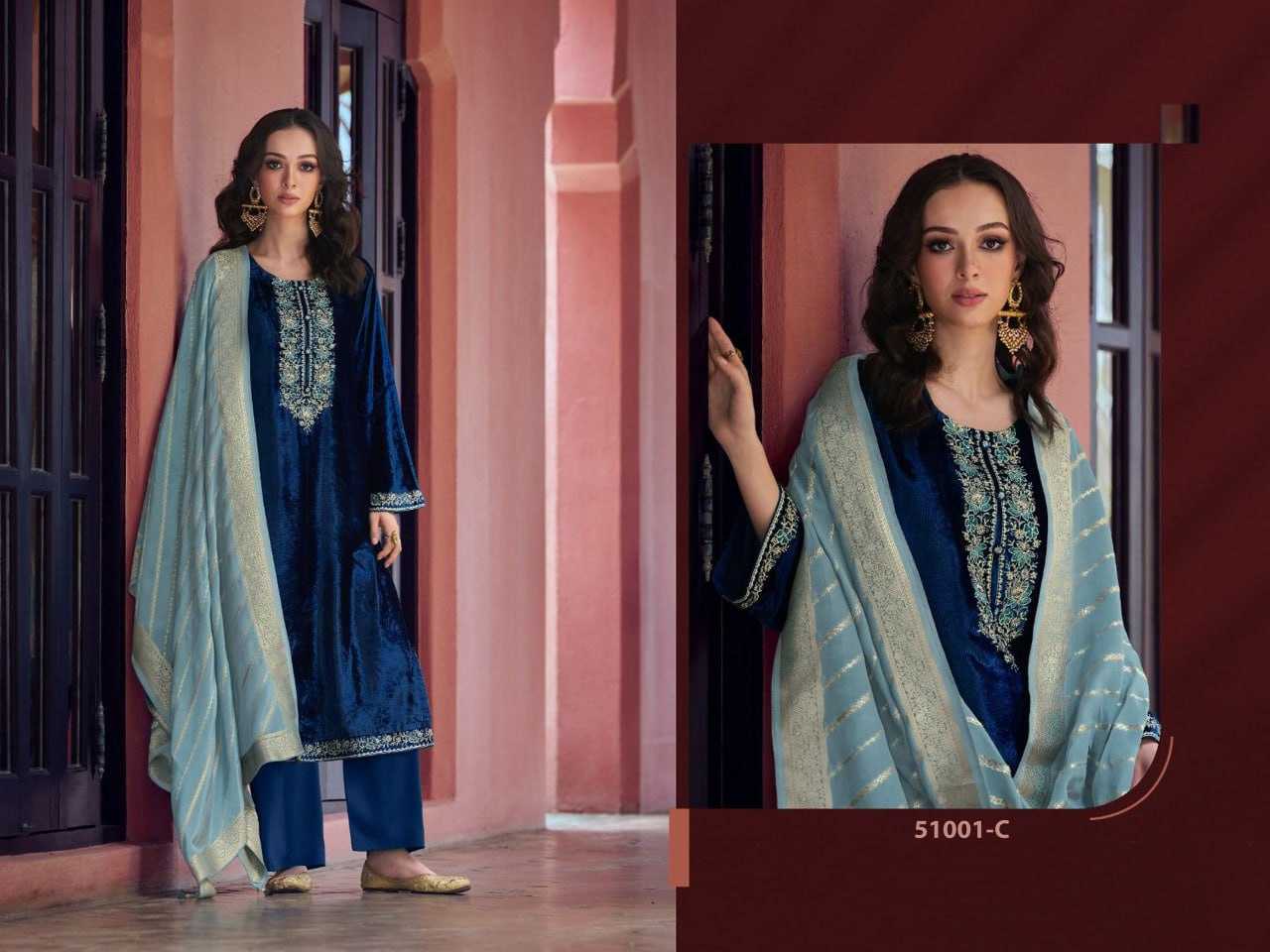 YNF VELVET RIN131 51001 SUITS & DRESSES WHOLESALE SEMI STITCHED EMBROIDERED WEDDING SUITS MANUFACTURER - Deevit International