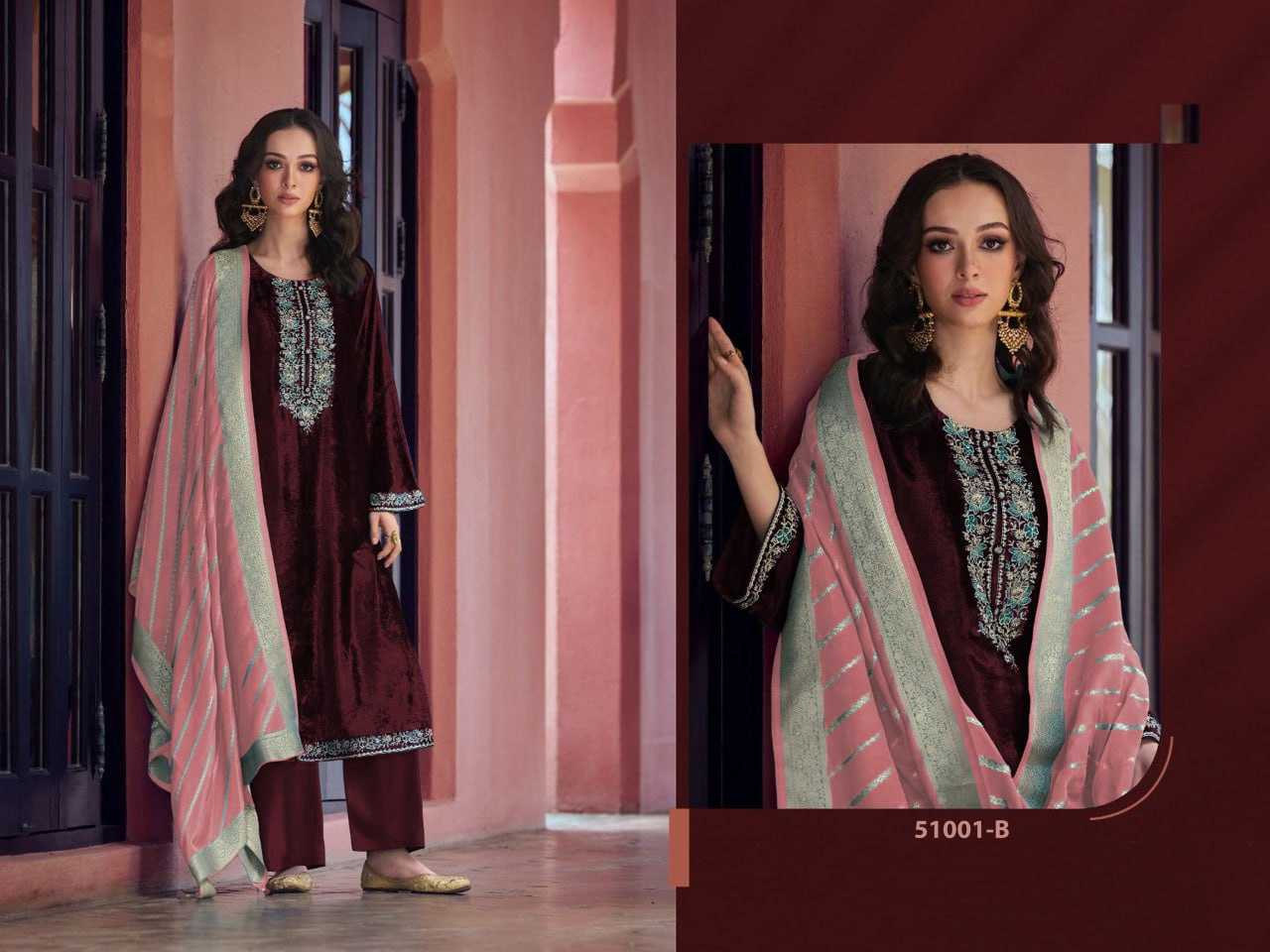 YNF VELVET RIN131 51001 SUITS & DRESSES WHOLESALE SEMI STITCHED EMBROIDERED WEDDING SUITS MANUFACTURER - Deevit International