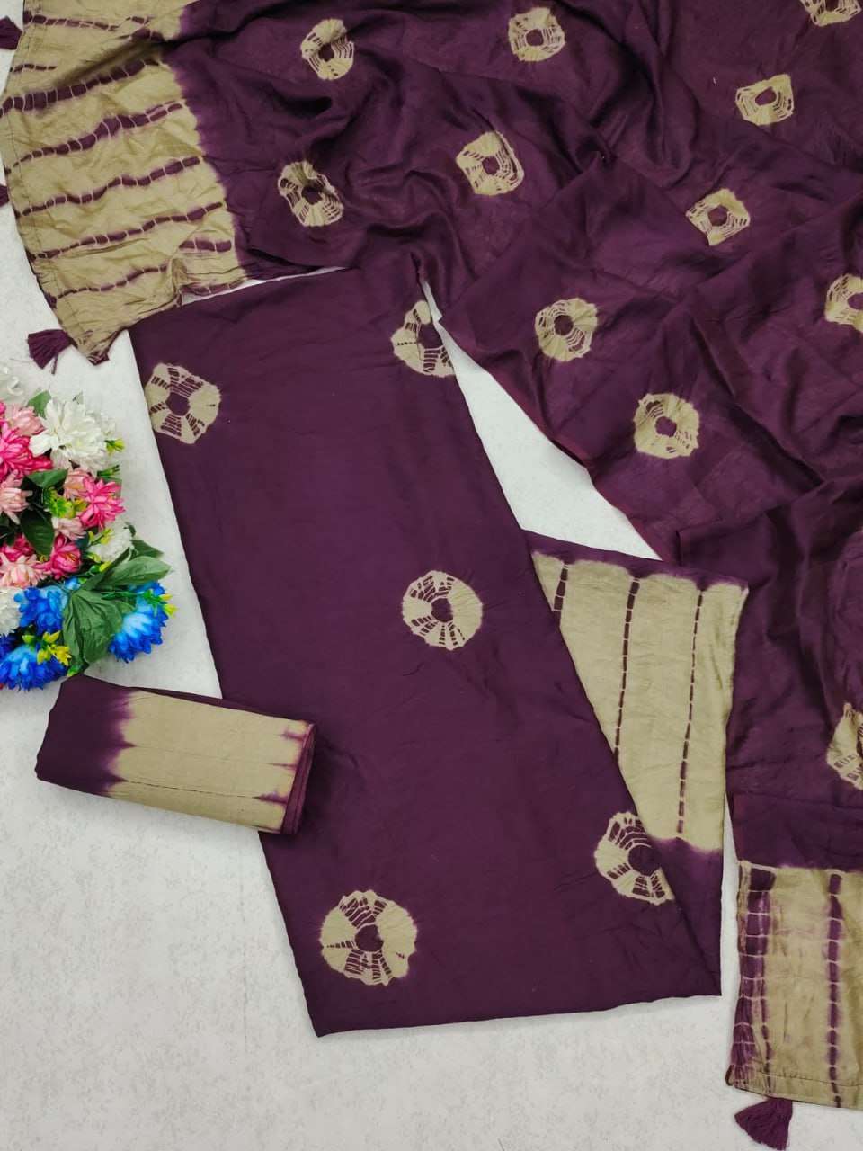 YNF CHANDERI COTTON SRRT SHIBORI BANDHANI SUITS & DRESSES WHOLESALE UNSTITCHED SUITS MANUFACTURER 