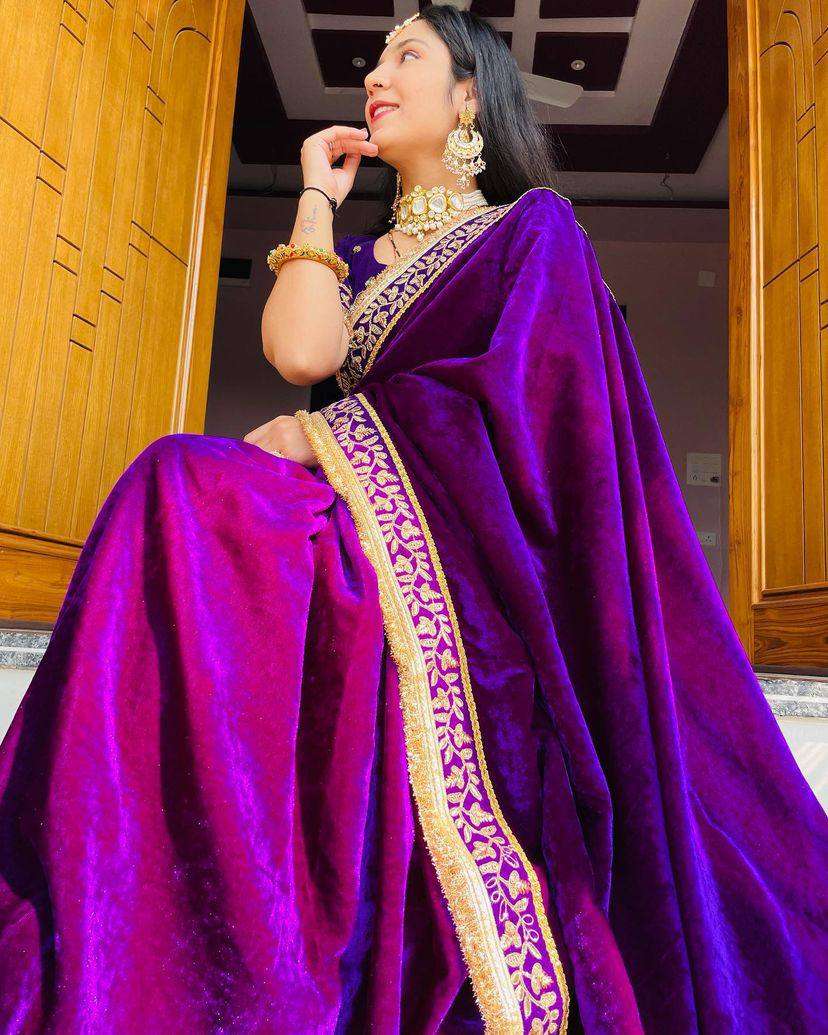 YNF VELVET RST 376 SAREES WHOLESALE FANCY VELVET LACE BORDER SAREES MANUFACTURER