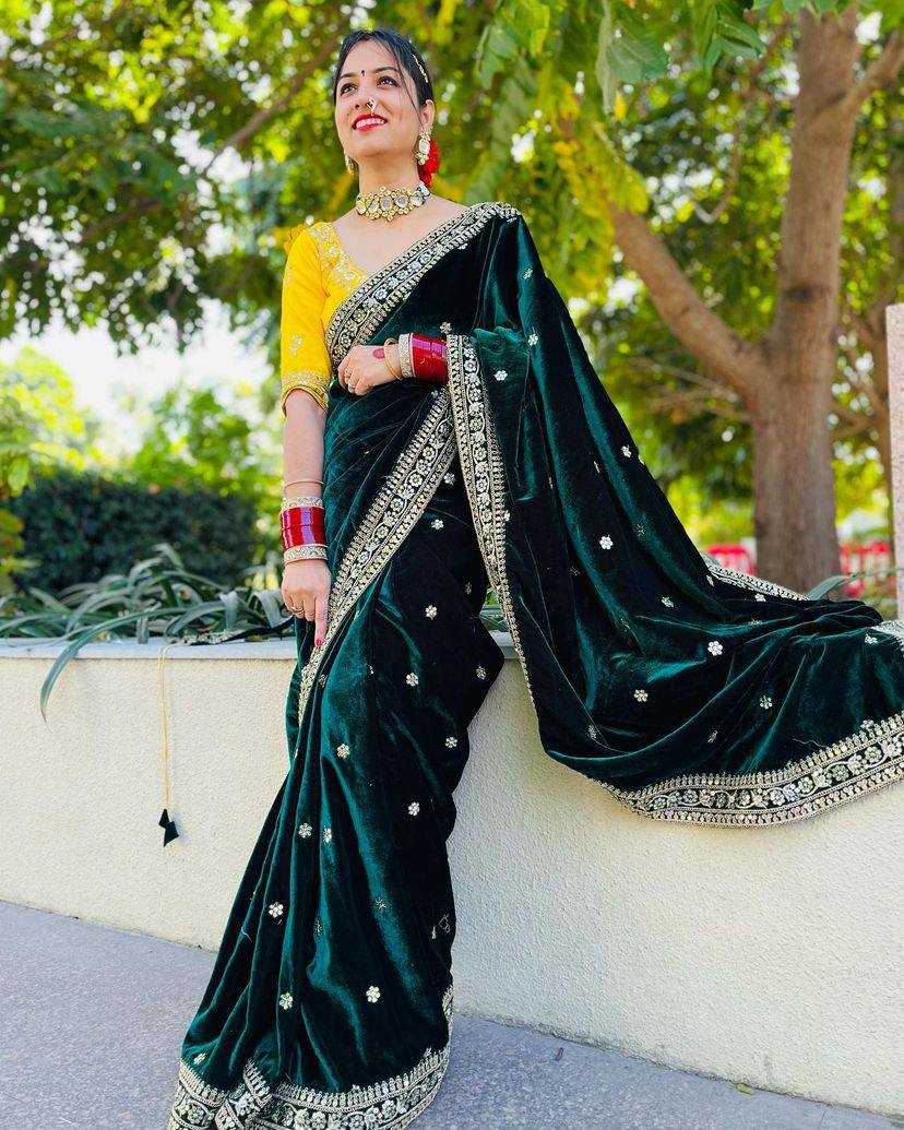 YNF VELVET RST 396 SAREES WHOLESALE VELVET EMBROIDERED FANCY SAREES MANUFACTURER