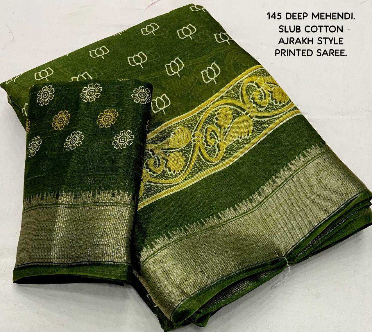 YNF COTTON KESH118 145 SAREES WHOLESALE PRINTED COTTON LINEN AJRAKH ZARI BORDER SAREES MANUFACTURER