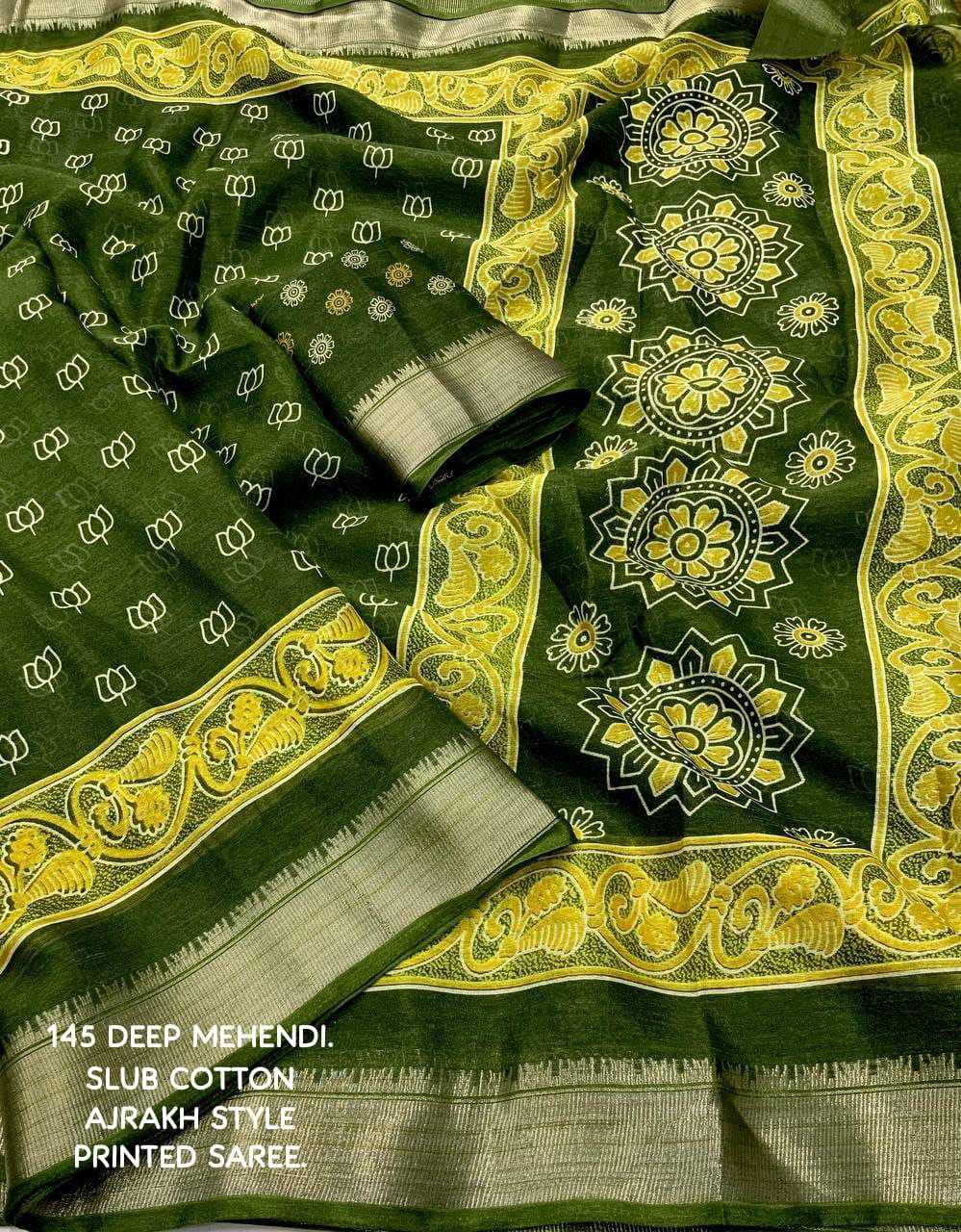 YNF COTTON KESH118 145 SAREES WHOLESALE PRINTED COTTON LINEN AJRAKH ZARI BORDER SAREES MANUFACTURER