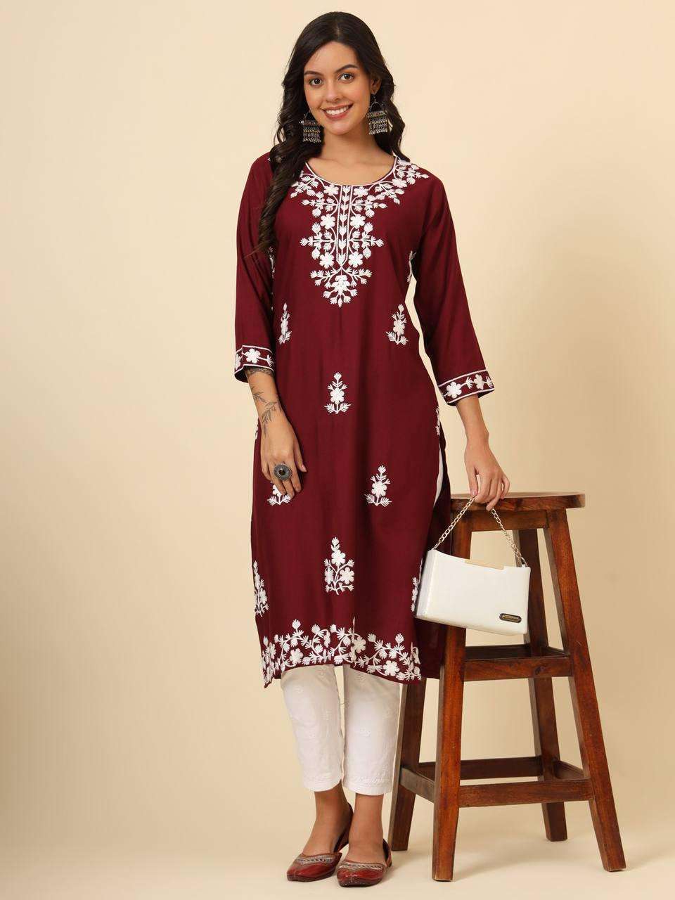 YNF RAYON RIN188 MUDRA2 KURTIS WHOLESALE LONG RAYON LUCKOWI CHIKAN KURTIS MANUFACTURER