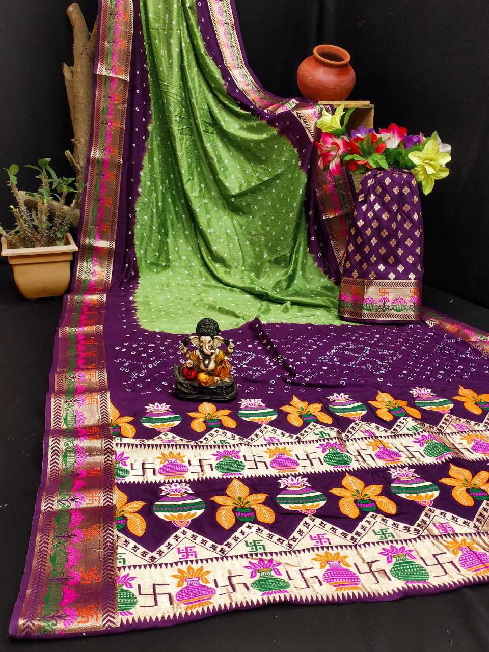 YNF BANDHANI SILK RIN183 SWASTIK SAREES WHOLESALE PRINTED BANDHANI BANDHEJ ZARI BORDER SAREES MANUFACTURER