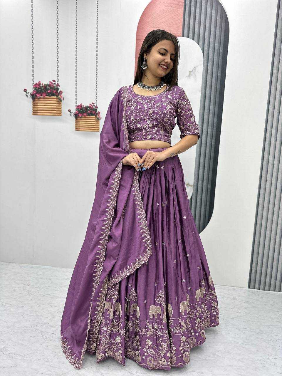 YNF CHINON KESH130 075 LEHENGAS WHOLESALE SILK WEDDING EMBROIDERED PURPLE LEHENGA WITH DUPTTA WEDDING LEHENGAS MANUFACTURER - Deevit International