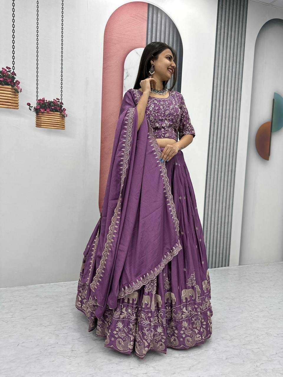 YNF CHINON KESH130 075 LEHENGAS WHOLESALE SILK WEDDING EMBROIDERED PURPLE LEHENGA WITH DUPTTA WEDDING LEHENGAS MANUFACTURER - Deevit International