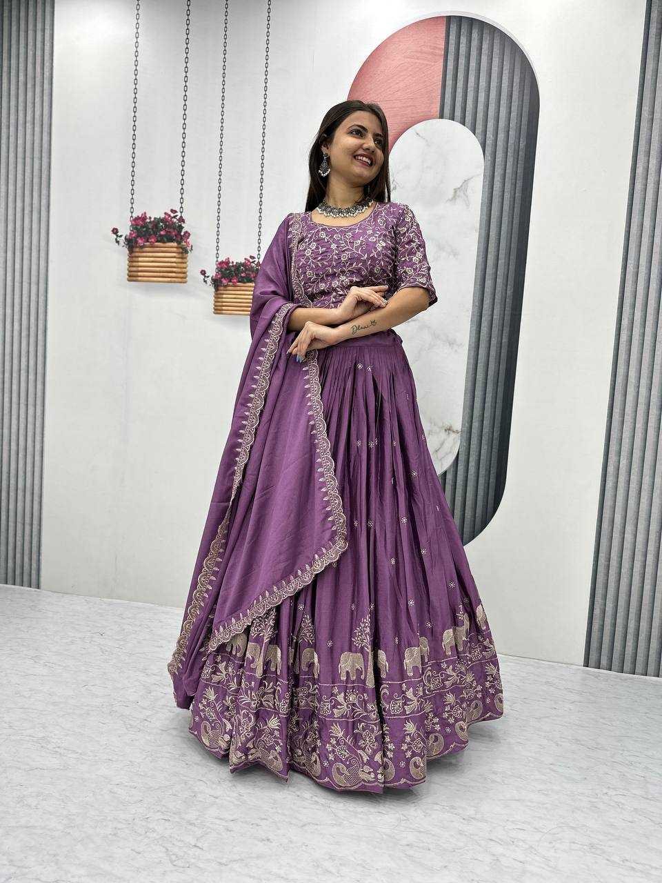 YNF CHINON KESH130 075 LEHENGAS WHOLESALE SILK WEDDING EMBROIDERED PURPLE LEHENGA WITH DUPTTA WEDDING LEHENGAS MANUFACTURER - Deevit International